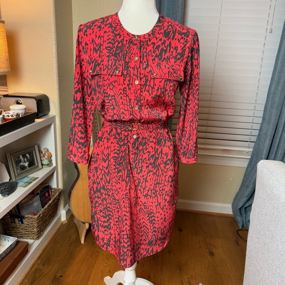Yoana Baraschi Red and Black Patterned Shirtdress with Belt and Pockets Sz 0